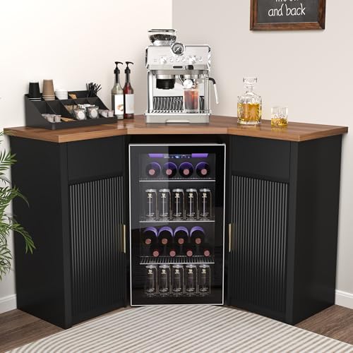 GDLF Corner Bar Cabinet with Fridge Space, Corner Coffee Bar Station with Storage, L Shaped Liquor Wine Cabinet for Home - color: Black, size: 46.5"