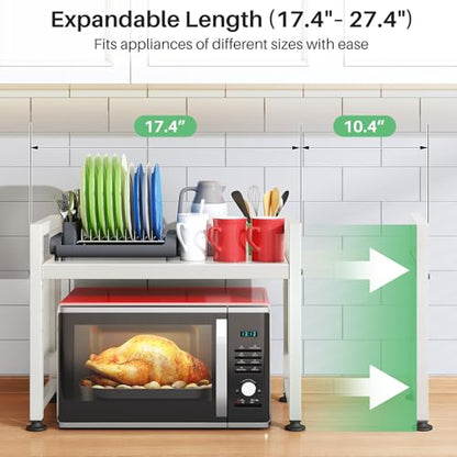 Microwave Stand, 2-Tier Expandable(17.4"-27.4") Microwave Oven Rack, Heavy Duty Adjustable Shelf with 9 hooks, Kitchen Organizer Storage Shelves for Pantry, Countertop, Coffee Bar, Office, Dorm, White - style: 2 Tier-White