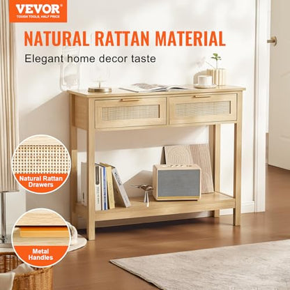 VEVOR Rattan Console Table with 2 Storage Drawers, Rattan Entryway Table with Natural Rattan Sliding Door, Console Sofa Table for Living Room, Study, Entryway Or TV Wall, Natural - size: 2 Drawers-Rectangular