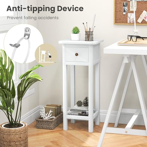 Giantex Narrow End Table with Drawer, Tall Acacia Wood Side Table with Bottom Shelf, Modern Bedside Tables, 2-Tier Nightstand for Small Spaces Bedroom Living Room, No Assemble Required, White - color: White