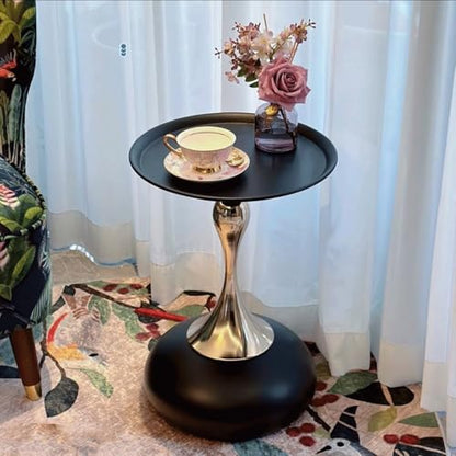 Modern Round Side Table with Gold Pedestal Base, Black Metal Top, Accent End Table for Living Room (Black) - color: Black