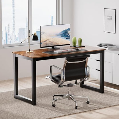 Decoholic 55 Inch Computer Desk, Home & Office PC Laptop Study Writing Table Workstation with Leg Bars, Modern Simple Industrial Style, Rustic Brown - size: 55 Inch