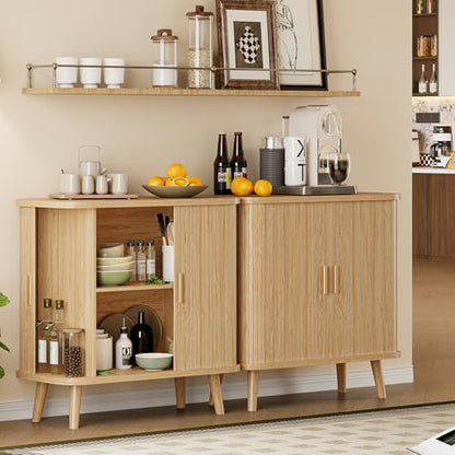Xixini Sideboard Buffet Cabinet with Sliding Door, 31.5" Wide Fluted Modern Accent Cabinet with Adjustable Shelves, Wood Coffee Bar Buffet Console Table for Kitchen, Dining Room, Living Room, Oak - color: Oak