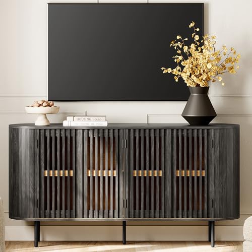 WAMPAT 64.4" Fluted TV Stand, Wood Entertainment Center for TVs Up to 70 inches, Curved Edge Media Console Table with Doors and Shelves for Living Room, Bedroom, Black - color: Black