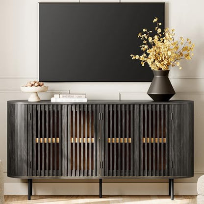 WAMPAT 64.4" Fluted TV Stand, Wood Entertainment Center for TVs Up to 70 inches, Curved Edge Media Console Table with Doors and Shelves for Living Room, Bedroom, Black - color: Black