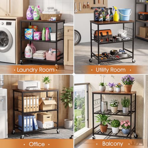 Rolling Kitchen Microwave Cart, 3-Tier Cart with Lockable Casters, 6 S Hooks for Towels, Rolling Kitchen Storage Rack, Space Saving Stand for Small Kitchen, Apartment, Coffee Bar - color: Black