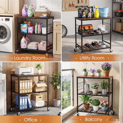 Rolling Kitchen Microwave Cart, 3-Tier Cart with Lockable Casters, 6 S Hooks for Towels, Rolling Kitchen Storage Rack, Space Saving Stand for Small Kitchen, Apartment, Coffee Bar - color: Black