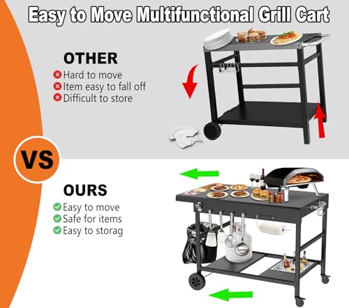 Outdoor Pizza Oven Table with Topping Station | Propane Tank Stand, Beverage Storage Tray, Seasoning Boxs, 4 Wheels, Hooks, Pizza Oven Table for Patio, Kitchen, Backyard
