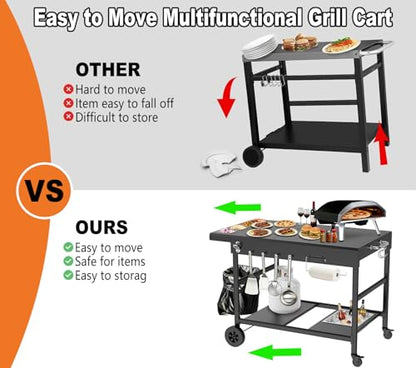 Outdoor Pizza Oven Table with Topping Station | Propane Tank Stand, Beverage Storage Tray, Seasoning Boxs, 4 Wheels, Hooks, Pizza Oven Table for Patio, Kitchen, Backyard