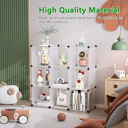 C&AHOME Cube Storage Organizer, 9-Cube Bookcase, Closet Cabinet White | DIY Stackable Bookshelf, Plastic Modular Shelving Units Ideal for Home, Office, Kids Room, 36.6" L x 12.4" W x 48.4" H - color: Transparent White