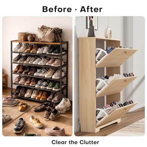 Nicetree Shoe Cabinet with 3 Flip Drawers，Freestanding Shoe Storage Cabinet, Narrow Shoe Organizer Cabinet, Farmhouse Slim Shoe Rack Cabinet for Entryway,Natural Oak with Hook - color: Natural Oak, style: 3-Drawers with Hook