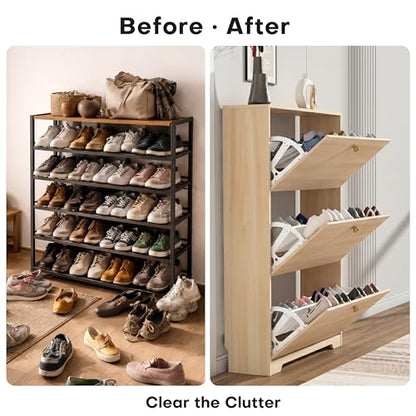 Nicetree Shoe Cabinet with 3 Flip Drawers，Freestanding Shoe Storage Cabinet, Narrow Shoe Organizer Cabinet, Farmhouse Slim Shoe Rack Cabinet for Entryway,Natural Oak with Hook - color: Natural Oak, style: 3-Drawers with Hook