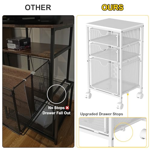 BOHDK Rolling File Cart with 3 Storage Drawers, Wood & Mesh Hanging File Folder Organizer with Wheels Under Desk, File Cabinets for Home Office, 11.81" D x 14.8" W x 25.39" H, White - color: White