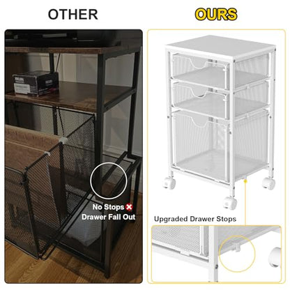 BOHDK Rolling File Cart with 3 Storage Drawers, Wood & Mesh Hanging File Folder Organizer with Wheels Under Desk, File Cabinets for Home Office, 11.81" D x 14.8" W x 25.39" H, White - color: White