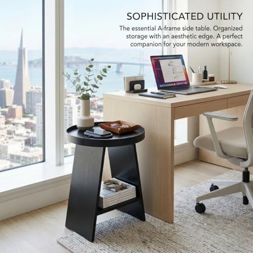 Round End Table with 17.7 inch Tray Top, 2-Tier Side Table with Storage Shelf, Modern Farmhouse Industrial Wood Nightstand for Living Room, Bedroom, Small Spaces (Black) - color: Black