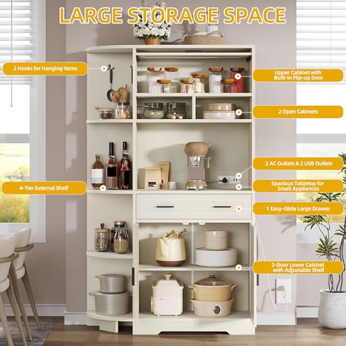 DWVO 67" Farmhouse Baker Rack with Power Outlets & Microwave Stand, White | Buffet Sideboard Cupboard Hutch with Drawer for Kitchen, Living Room, and Dining Room - color: White