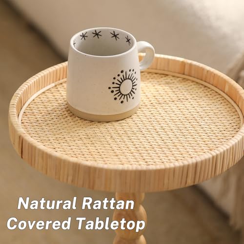 Small Side Table，Rattan Round Drink Tables for Small Spaces, Boho Circle Accent Table Coffee Table with Solid Wood Leg for Living Room, Pedestal Table for Bedroom, Corners - size: High: 21.4", style: Boho side table B