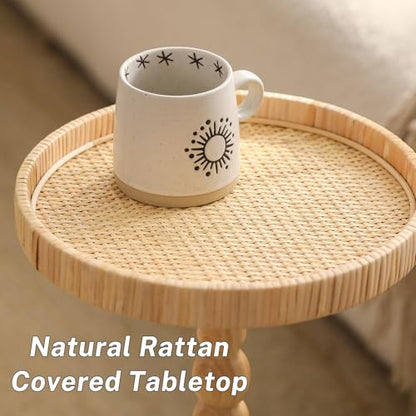 Small Side Table，Rattan Round Drink Tables for Small Spaces, Boho Circle Accent Table Coffee Table with Solid Wood Leg for Living Room, Pedestal Table for Bedroom, Corners - size: High: 21.4", style: Boho side table B