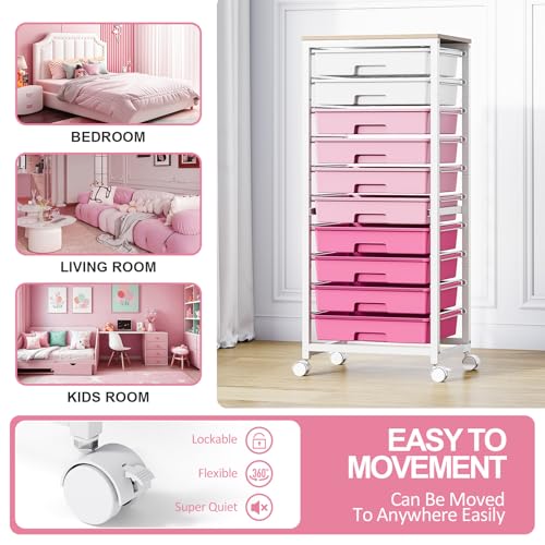 SYKIARIOL Rolling Cart with Drawers,10 Drawer Rolling Cart,Storage Cart,Utility Cart,Teacher Cart for Classroom Storage,Craft Cart with Wheels and Wooden Tabletop,Pink - color: Pink