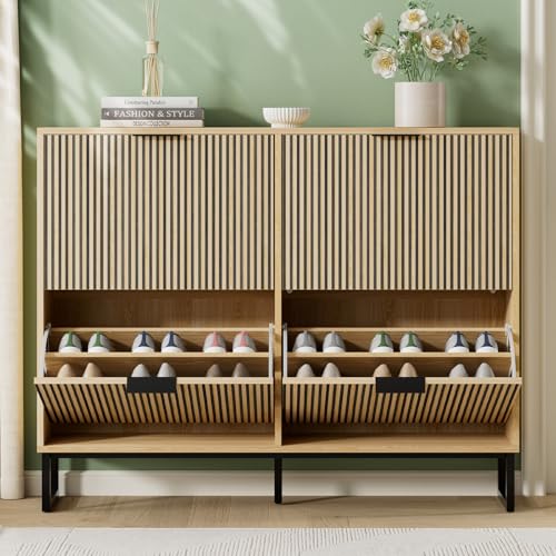 Shoe Cabinet Storage with 4 Flip Drawers, Narrow Hidden Shoe Organizer Cabinet for Entryway, Modern Freestanding Slim Shoe Rack Organizer Shoe Cupboard for Hallway, Natural Wood - size: 4 Flip Drawers