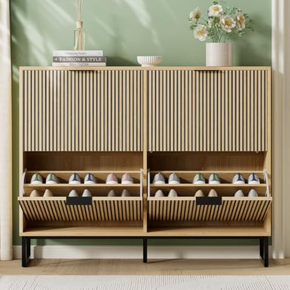 Shoe Cabinet Storage with 4 Flip Drawers, Narrow Hidden Shoe Organizer Cabinet for Entryway, Modern Freestanding Slim Shoe Rack Organizer Shoe Cupboard for Hallway, Natural Wood - size: 4 Flip Drawers