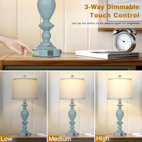 Cinkeda 27.5" Coastal Table Lamp for Living Room Set of 2,Retro Blue Bedside Nightstand Lamps with USB C+A Ports & AC Outlet,3-Way Dimmable Touch Control Desk Lamp for Bedroom - color: Blue