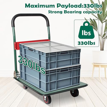 LEADALLWAY Foldable Push Cart Platform Cart, Green, 28.7x18.5x32.3in | 330lbs Capacity, 2 Ropes Included - color: Green