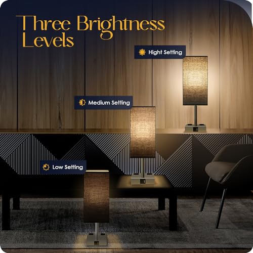 Set of 2 Bedside Table Lamp 3 Way Dimmable Nightstand Lamp with USB C & USB A Charging Port, 2 AC Outlets, 3000K LED Bulbs (Black) - color: Black