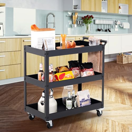 3-Tier Rolling Tool Cart, Mechanic Organizer Push Cart with 4 Universal Wheels & 2 Brakes, Heavy-Duty Metal Service Carts for Home, Kitchen, Warehouse, Garage (Black) - size: 3" Wheels