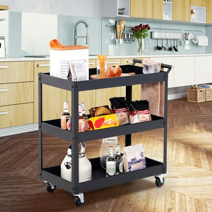 3-Tier Rolling Tool Cart, Mechanic Organizer Push Cart with 4 Universal Wheels & 2 Brakes, Heavy-Duty Metal Service Carts for Home, Kitchen, Warehouse, Garage (Black) - size: 3" Wheels