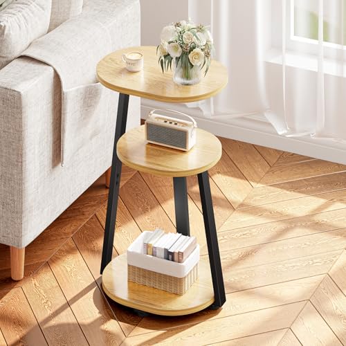 Kalrin Side Table, Small End Table with Metal Frame, 3-Tier Bedside Tables, Round Side Tables for Living Room Bedroom Couch Bathroom, Oval, Modern Oak - color: Modern Oak