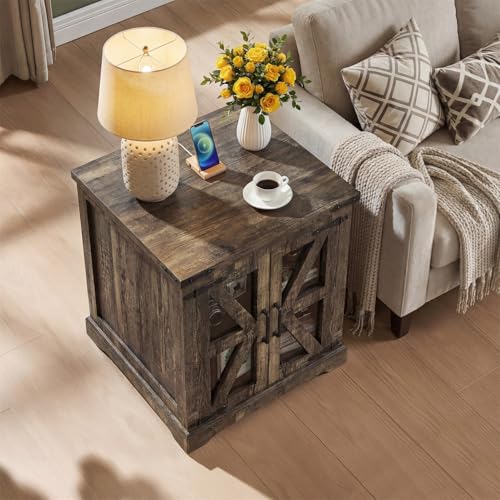 Farmhouse End Table, 24" Large End Tables with Storage, Rustic Square Sofa Beside Table with Glass Barn Door, Wood Side Table Square Nightstand for Living Room, Bedroom, Office (Antique Finish) - color: Antique Finish