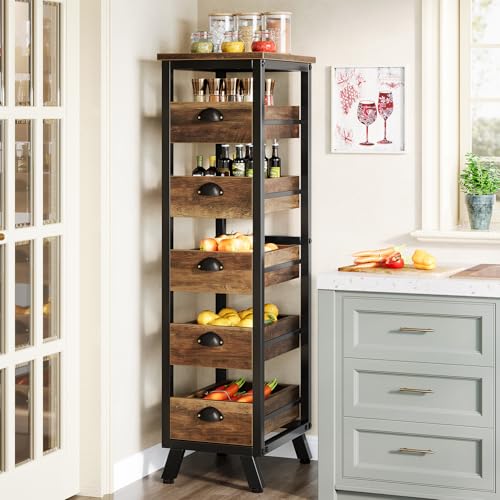 Tribesigns Wood Fruit and Vegetable Storage Rack, 5-Tier Narrow Snack Stand Kitchen Stand Fruit Basket, Pull-Out Utility Organizer for Kitchen, Living Room, Rustic Brown - color: Rustic Brown