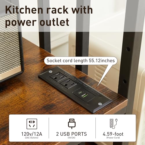 Mini Fridge Stand with Storage,6-Tier Adjustable Bakers Rack with Power Outlet, Mini Fridge Cabinet Shelf, Utility Microwave Stand for Kitchen Living Room Office Dorm