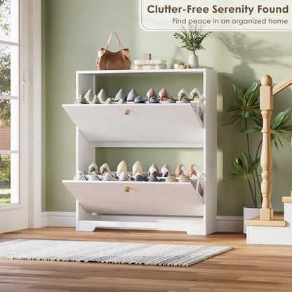 Nicetree Shoe Cabinet with 2 Flip Drawers, Narrow Shoe Organizer Cabinet, Freestanding Shoe Rack Cabinet, Modern Shoe Storage Cabinet for Entryway, Hallway, Foyer, White - color: White, style: 2-Drawers