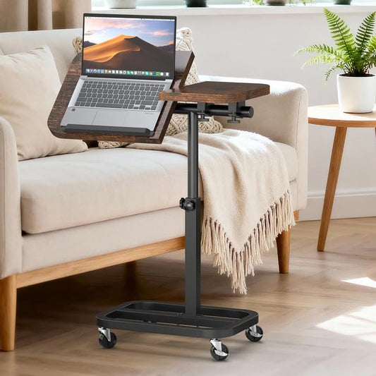 Large-Size Portable Laptop Rolling Desk with Wheels, Adjustable Height and Tilt Top Stable Mobile Over-Bed Table for Home Use - Brown - color: Brown