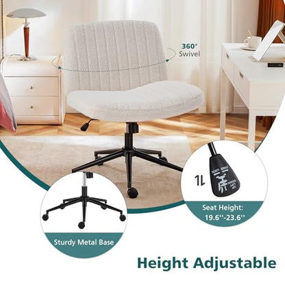 OLIXIS Criss Cross Chair with Wheels, Vanity Chair, Home Office Desk | Wide Seat Armless, Furry Teddy Fleece, Height Adjustable Swivel Rolling, Home Computer Task Seat, Bedroom Study, Beige Teddy - color: Beige Teddy