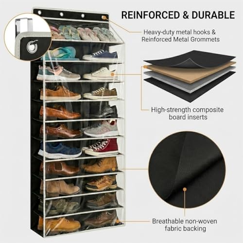 SUREMAX Super Capacity Over The Door Shoe Organizer, 11-Tier Hanging Shoe Rack for Closet Door Fits 33 Pairs, Clear PVC Behind The Door Storage Organizer with Heavy Duty Hooks & Loop Fastener, Black