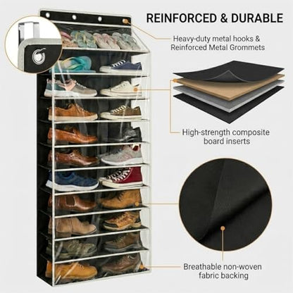 SUREMAX Super Capacity Over The Door Shoe Organizer, 11-Tier Hanging Shoe Rack for Closet Door Fits 33 Pairs, Clear PVC Behind The Door Storage Organizer with Heavy Duty Hooks & Loop Fastener, Black