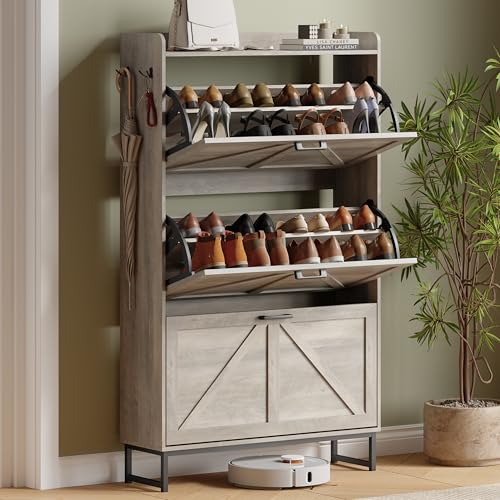 Xixini Shoe Storage Cabinet with 3 Flip Drawers, Entryway Shoe Rack, Grey | Narrow Slim Shoe Storage, Freestanding Hidden Wood Shoe Organizer, Modern Farmhouse, Open Storage & Hooks for Closet, Hallway - color: Grey, size: 3 Flip Drawers