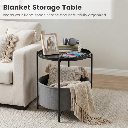 danpinera Black Small Round Side Table with Storage Basket, Removable Tray | Metal Bedside Table for Small Space, Living Room, Nursery, Metal Accent Stand with Removable Tray, Coffee Nightstand, Black - color: Ink Black