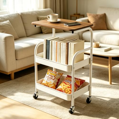3 Tier Rolling Cart with Walnut Table Top, Sturdy Metal Storage Cart with Lockable Wheels, Multi-Purpose Mobile Shelf for Kitchen, Bedroom, Snacks, Coffee, Craft, Makeup, Garage (White) - color: White