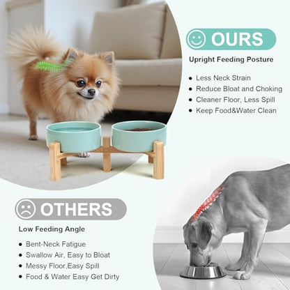 SPUNKYJUNKY Elevated Dog Bowls Ceramic, 5.1'' Dogs and Cat Food Water Bowls Raised with Non-Slip Bamboo Stand for Puppy Small Sized Breed Microwave Dishwasher Safe - 13.5 OZ,Light Green - color: Light Green, size: 5.1 in - 1.7 cups