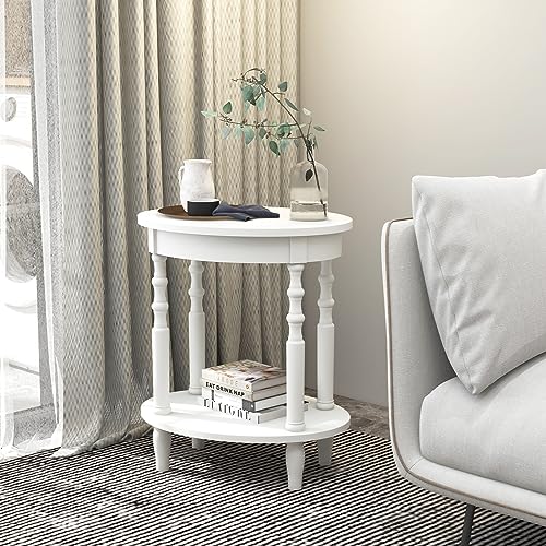 GOFLAME 2-Tier Oval End Table Set of 2, Sofa Side Table with Storage Shelf, Solid Wood Legs, Modern Accent Table, Compact Nightstand for Living Room, Bedroom, Small Space, White - color: White