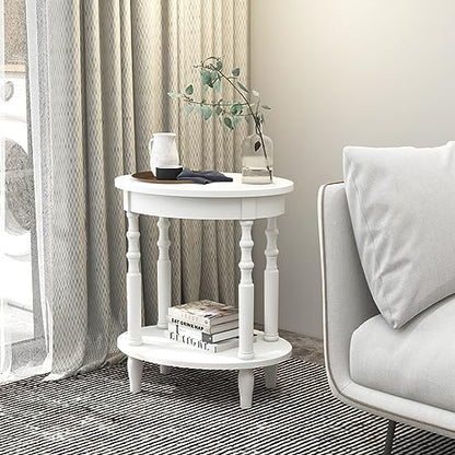 GOFLAME 2-Tier Oval End Table Set of 2, Sofa Side Table with Storage Shelf, Solid Wood Legs, Modern Accent Table, Compact Nightstand for Living Room, Bedroom, Small Space, White - color: White