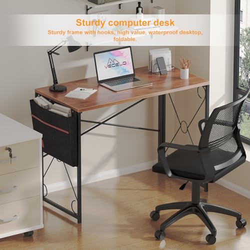 VECELO 39 Inch Folding Desk Simple Assembly, Writing Computer Desk for Home Office Study Office Foldable Table for Small Spaces,Classic Brown,2 Set