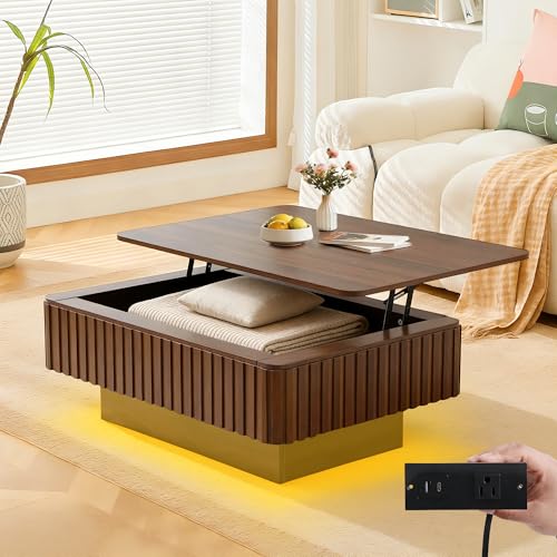 Lift Coffee Table with Hidden Storage & Adjustable Height, 38.6" Modern Fluted RGB LED Center Table with Charging Station, Wooden Accent Tea Table for Living Room & Small Apartment (Oblong) - size: Oblong