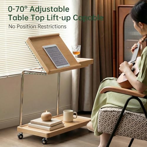 YESWOOD Adjustable C-Shaped Couch Table with Lockable Wheels – Rolling Small Space Side Table, Solid Wood End Table for Sofa, Bed & Living Room(Natural,16.41" D x 24.4" W x 24.52" H) - color: Natural