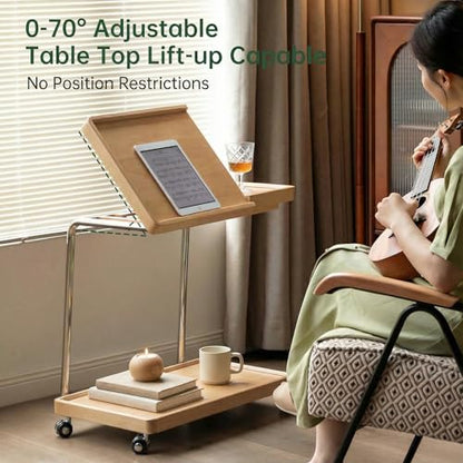 YESWOOD Adjustable C-Shaped Couch Table with Lockable Wheels – Rolling Small Space Side Table, Solid Wood End Table for Sofa, Bed & Living Room(Natural,16.41" D x 24.4" W x 24.52" H) - color: Natural