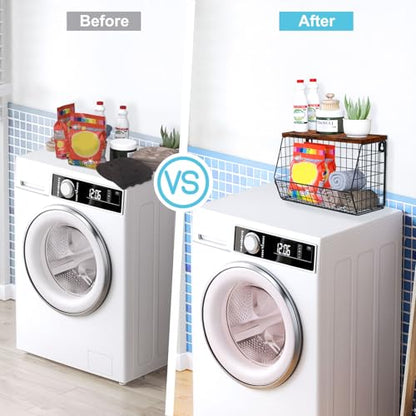 MSJGA Laundry Room Shelves Wall Mounted with Storage Basket - Stackable Wire Wall Shelves Organizer for Towels, Detergent, Tissues | Space-Saving Over Washer & Dryer, Small Spaces(11.8"Wx7.9"Dx8.5"H) - size: 8"D